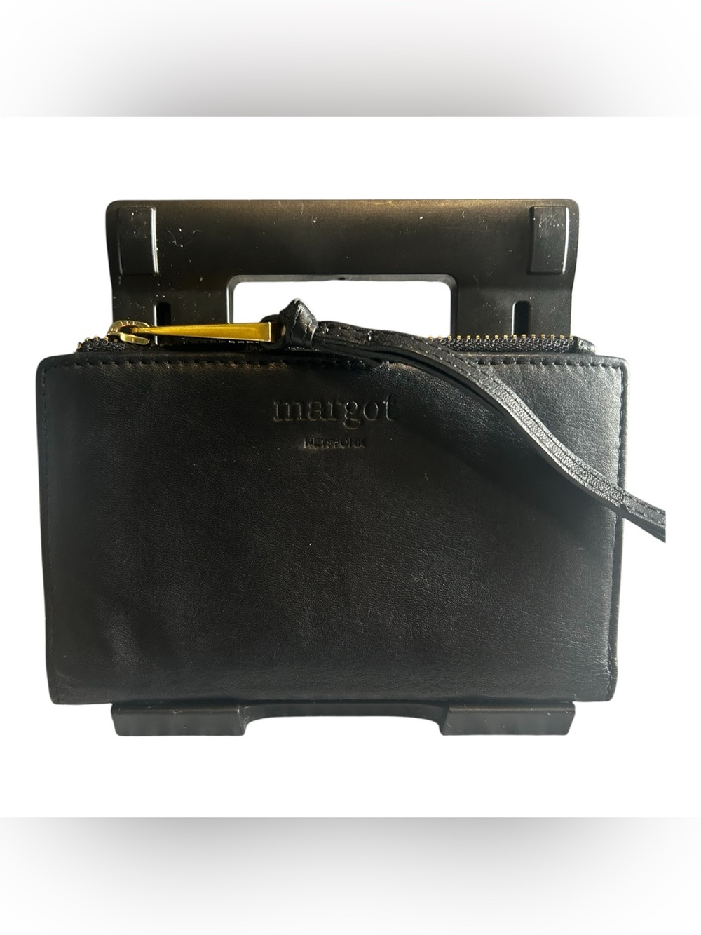 Margot New York Black Leather Bifold Wristlet Wallet Mini Clutch Gold Hardware